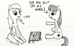 Size: 1228x760 | Tagged: safe, artist:dennyhooves, derpy hooves, twilight sparkle, pegasus, pony, g4, chess, chessboard, chessboard incorrectly oriented, eating, female, mare, monochrome
