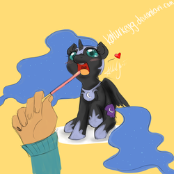 Size: 1024x1024 | Tagged: safe, artist:katurkeyg, nightmare moon, human, g4, blushing, cute, feeding, food, heart, micro, moonabetes, pocky