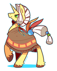 Size: 480x600 | Tagged: safe, artist:zhampy, oc, oc only, oc:racing diamond, pony, unicorn, clothes, feather, male, poncho, solo, stallion, unshorn fetlocks