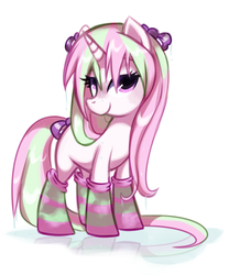 Size: 1408x1690 | Tagged: safe, artist:pepooni, oc, oc only, oc:rosy cheeks, pony, unicorn, bow, clothes, female, mare, socks, solo, striped socks, tail bow, wet