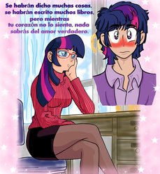 Size: 856x934 | Tagged: safe, artist:reina-del-caos, twilight sparkle, human, g4, blushing, breasts, busty twilight sparkle, clothes, crossed legs, dusk shine, female, glasses, humanized, legs, male, pantyhose, rule 63, self ponidox, selfcest, ship:dusktwi, shipping, skirt, spanish, straight, sweater, trace, tube skirt