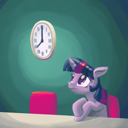 Size: 800x800 | Tagged: safe, artist:needsmoarg4, twilight sparkle, pony, unicorn, comic:friendship is dragons, g4, clock, digital painting, female, mare, solo, unicorn twilight, waiting