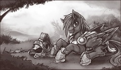 Size: 1280x743 | Tagged: safe, artist:bantha, oc, oc only, oc:rome silvanus, pegasus, pony, commission, grayscale, monochrome, rome, solo, tongue out