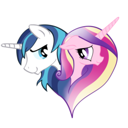 Size: 2500x2500 | Tagged: safe, artist:silfoe, princess cadance, shining armor, alicorn, pony, unicorn, g4, bust, description at source, duo, floppy ears, heart, heart shaped, looking at each other, looking at someone, love, redraw, show accurate, simple background, smiling, transparent background, video at source