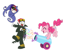 Size: 1200x1000 | Tagged: safe, artist:madmax, pinkie pie, earth pony, human, pony, g4, cannon, crossover, eyes closed, facepalm, fingerless gloves, goggles, jack spicer, open mouth, pants, partillery, party cannon, scared, simple background, surprised, transparent background, wuya, xiaolin showdown
