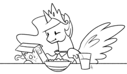 Size: 758x447 | Tagged: safe, artist:egophiliac, princess celestia, g4, cereal, eating, female, food, monochrome, solo, spoon