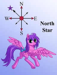 Size: 1200x1569 | Tagged: safe, artist:starbat, north star (g1), pegasus, pony, g1, blue background, cutie mark, female, fluffy, flying, gradient background, looking at you, looking back, simple background, smiling, solo, spread wings, tail bow, underhoof