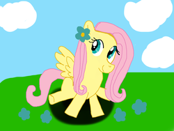 Size: 1024x768 | Tagged: safe, fluttershy, pegasus, pony, g4, female, flower, flower in hair, mare, sitting, smiling, solo