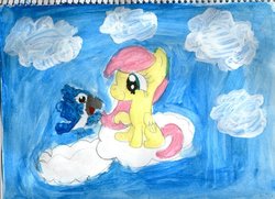 Size: 1024x742 | Tagged: safe, fluttershy, bird, g4, cloud, filly, flying, folded wings, full body, happy, on a cloud, raised hoof, side view, sitting, sitting on a cloud, sky, smiling, traditional art, wings