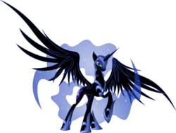 Size: 3932x2954 | Tagged: safe, artist:nemesis360, nightmare moon, g4, bedroom eyes, colored, concave belly, ethereal mane, ethereal tail, female, helmet, hoof shoes, horn, large wings, long horn, long legs, long mane, long tail, looking at you, peytral, princess shoes, raised hoof, slender, slit pupils, smiling, solo, spread wings, starry mane, starry tail, tail, tall, thin, three quarter view, wings