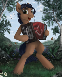Size: 1600x2000 | Tagged: safe, artist:yakovlev-vad, oc, oc only, oc:arny nilson, pony, accordion, bipedal, musical instrument, open mouth, russia, russian, solo