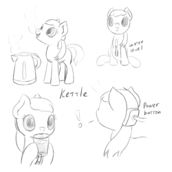 Size: 700x700 | Tagged: safe, artist:fantasyglow, oc, object pony, original species, charging, comic, kettle, kettle pony, lineart, monochrome, ponified