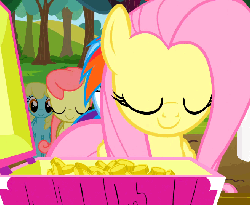 Size: 657x540 | Tagged: safe, screencap, fluttershy, rainbow dash, sassaflash, pegasus, pony, g4, the super speedy cider squeezy 6000, animated, apple tree, bits, blinking, box, coin, cute, dashabetes, female, grin, happy, money, mouth hold, open mouth, smiling, tree