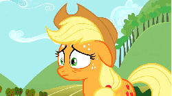 Size: 853x480 | Tagged: safe, screencap, applejack, earth pony, pony, g4, season 2, the super speedy cider squeezy 6000, animated, female, floppy ears, nervous, solo, sweat