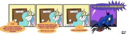 Size: 2000x546 | Tagged: safe, artist:thewormouroboros, princess celestia, princess luna, spider, g4, luna eclipsed, comic, nightmare night, the fun has been doubled