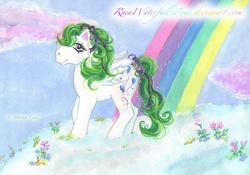 Size: 808x566 | Tagged: safe, artist:rainwaterfallszone, surprise, g1, cloud, cloudy, female, flower, rainbow, solo, traditional art