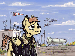 Size: 1000x738 | Tagged: safe, artist:agm, oc, oc only, pegasus, pony, airfield, airship, clothes, uniform
