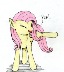 Size: 500x557 | Tagged: safe, artist:el-yeguero, fluttershy, pegasus, pony, g4, cute, eyes closed, female, filly (dracco), filly funtasia, hoof popping, kicking, mare, open mouth, raised leg, reference, scene interpretation, shyabetes, smiling, solo, standing