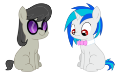 Size: 2850x1750 | Tagged: safe, artist:staticwave12, dj pon-3, octavia melody, vinyl scratch, pony, g4, accessory swap, clothes swap, cute, filly, vinylbetes, younger