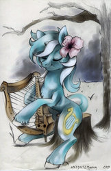 Size: 1280x1970 | Tagged: dead source, safe, artist:anightlypony, lyra heartstrings, pony, unicorn, g4, female, flower, flower in hair, lyre, mare, musical instrument, sitting, snow, solo, tree, tree stump