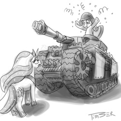 Size: 1000x1000 | Tagged: safe, artist:pluckyninja, pinkie pie, princess celestia, g4, confetti, driving, grayscale, helmet, military, monochrome, open mouth, riding, smiling, tank (vehicle), wide eyes