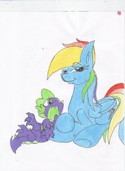 Size: 850x1170 | Tagged: safe, artist:digitaldomain123, rainbow dash, spike, g4, color, colored, female, male, ship:rainbowspike, shipping, sitting, smiling, straight, traditional art