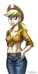 Size: 521x1000 | Tagged: safe, artist:pluckyninja, applejack, human, g4, belly button, breasts, busty applejack, clothes, female, front knot midriff, humanized, midriff, simple background, solo