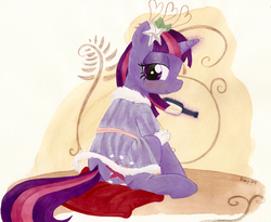 Size: 1022x840 | Tagged: safe, artist:foxxy-arts, twilight sparkle, g4, bedroom eyes, blushing, brush, brushie, brushing, clothes, female, looking at you, looking back, magic, robe, see-through, smiling, solo, traditional art