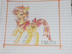 Size: 1024x768 | Tagged: safe, blushing, bow, looking at you, raised hoof, ribbon, sketch, smiling, tail bow