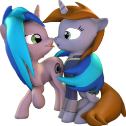 Size: 1030x1030 | Tagged: safe, artist:drdicksamazingstick, oc, oc only, oc:homage, oc:littlepip, pony, unicorn, fallout equestria, 3d, clothes, cutie mark, fanfic, fanfic art, female, hooves, horn, jumpsuit, lesbian, looking at each other, mare, oc x oc, open mouth, raised hoof, ship:pipmage, shipping, simple background, sitting, source filmmaker, standing, teeth, tongue out, transparent background, vault suit