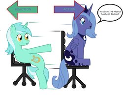 Size: 900x695 | Tagged: safe, artist:l9obl, lyra heartstrings, princess luna, g4, chair, newton's third law, physics, s1 luna, younger