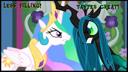 Size: 1000x563 | Tagged: safe, princess celestia, queen chrysalis, g4, beer, commercial, miller lite, parody, the lion king