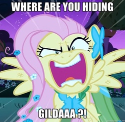 Size: 1096x1074 | Tagged: safe, edit, edited screencap, screencap, fluttershy, gilda, griffon, g4, the best night ever, angry, cropped, drama, female, flutterrage, gilda drama, image macro, implied gilda, revenge, scratches, solo, spread wings, wings, you're going to love me