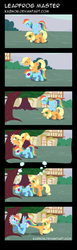 Size: 800x2600 | Tagged: safe, artist:kaznob, applejack, rainbow dash, pegasus, pony, g4, abuse, bucking, comic, dashabuse, derp, female, kick in the butt, knocked silly, leapfrog, literal butthurt, mare, old master q, pain, scheming, tongue out