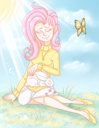 Size: 620x800 | Tagged: safe, artist:alibabbu, fluttershy, butterfly, human, rabbit, g4, animal, clothes, female, grass, humanized, necklace, skirt, solo, sun, sweater, sweatershy