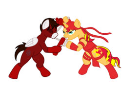 Size: 720x540 | Tagged: safe, artist:samuraicore, sunset shimmer, oc, pony, g4, clothes, costume, daredevil, elektra, fight, marvel, nightmare night