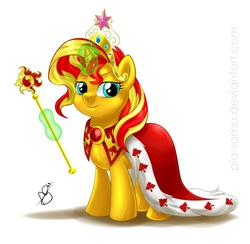 Size: 700x683 | Tagged: safe, artist:pia-sama, sunset shimmer, pony, unicorn, g4, big crown thingy, canada, cape, clothes, element of magic, female, looking at you, magic, scepter, smiling, solo, telekinesis