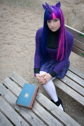 Size: 2592x3888 | Tagged: safe, artist:squacu, twilight sparkle, human, g4, book, chisaiicon, clothes, cosplay, irl, irl human, photo, skirt, solo