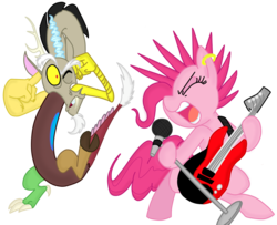 Size: 1024x830 | Tagged: safe, artist:burnokero, artist:mickeymonster, discord, pinkie pie, draconequus, earth pony, pony, g4, bipedal, electric guitar, eyes closed, guitar, microphone, mohawk, musical instrument, open mouth, punk, punkie pie, rock (music), screaming, simple background, singing, wink, yelling