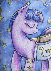 Size: 341x480 | Tagged: safe, artist:littleponyprincess, twilight sparkle, pony, unicorn, g4, bag, book, eyes closed, female, solo, stars, traditional art, unicorn twilight