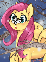 Size: 424x570 | Tagged: safe, artist:aisuroma, fluttershy, butterfly, g4, female, insect on nose, looking at something, open mouth, raised hoof, solo