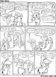 Size: 944x1294 | Tagged: safe, artist:capnpea, applejack, shining armor, spike, twilight sparkle, alicorn, dragon, earth pony, pony, unicorn, comic:three apples, g4, comic, female, male, mare, monochrome, stallion, twilight sparkle (alicorn)