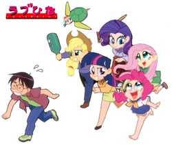 Size: 500x419 | Tagged: safe, applejack, fluttershy, pinkie pie, rainbow dash, rarity, twilight sparkle, human, kitsune, g4, anime, bottle, chase, crossover, cute, grin, happy, harem, humanized, kaolla su, love hina, lucky bastard, maehara shinobu, mane six, motoko, naru, sake, smiling, smirk, sword, tama-chan, urashima keitaro