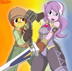 Size: 3000x2970 | Tagged: safe, artist:marik azemus34, apple bloom, diamond tiara, earth pony, anthro, g4, crossover, dark chronicle, maximilian (dark chronicle), monica raybrandt, sword, wrench