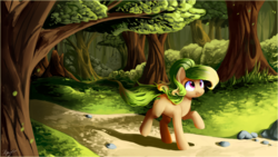 Size: 1920x1080 | Tagged: safe, artist:locksto, oc, oc only, oc:duchess, pony, female, forest, mare, rock, scenery, solo, tree