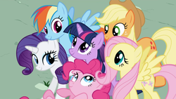 Size: 1280x720 | Tagged: safe, screencap, applejack, fluttershy, pinkie pie, rainbow dash, rarity, twilight sparkle, earth pony, pegasus, pony, unicorn, friendship is magic, g4, my little pony: friendship is magic, eyelashes, female, group hug, horn, looking at someone, looking up, mane six, outdoors, smiling, spread wings, unicorn twilight, wings