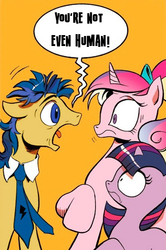 Size: 365x549 | Tagged: safe, idw, flash sentry, princess cadance, twilight sparkle, human, g4, exploitable meme, johnny turbo, meme, screaming armor, screaming sentry, younger