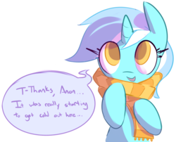 Size: 1280x1035 | Tagged: safe, artist:whoop, lyra heartstrings, pony, unicorn, g4, clothes, cute, female, looking at you, mare, open mouth, scarf, simple background, smiling, solo, speech bubble, transparent background