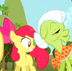 Size: 488x480 | Tagged: safe, screencap, apple bloom, applejack, big macintosh, granny smith, earth pony, pony, g4, the super speedy cider squeezy 6000, adorabloom, animated, butt touch, cropped, cute, eye shimmer, female, filly, frown, glare, gritted teeth, hoof on butt, lip bite, offscreen character, pat, puppy dog eyes, sad