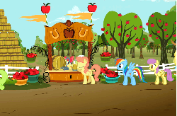 Size: 729x480 | Tagged: safe, screencap, apple bloom, applejack, daisy, flower wishes, gala appleby, granny smith, parasol, pink lady, rainbow dash, sassaflash, earth pony, pegasus, pony, g4, the super speedy cider squeezy 6000, animated, apple family member, apple tree, balancing, barrel, cider, cowboy hat, cute, dust, female, happy, hat, jackabetes, looking up, mare, mug, open mouth, orchard, prancing, smiling, smug, stetson, sweet apple acres, tree, trotting